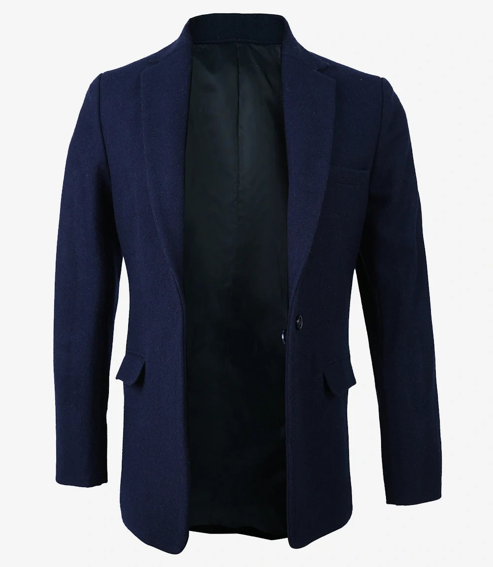 Women's Notch Lapel Navy Blue Wool Blazer - Single Button Closure