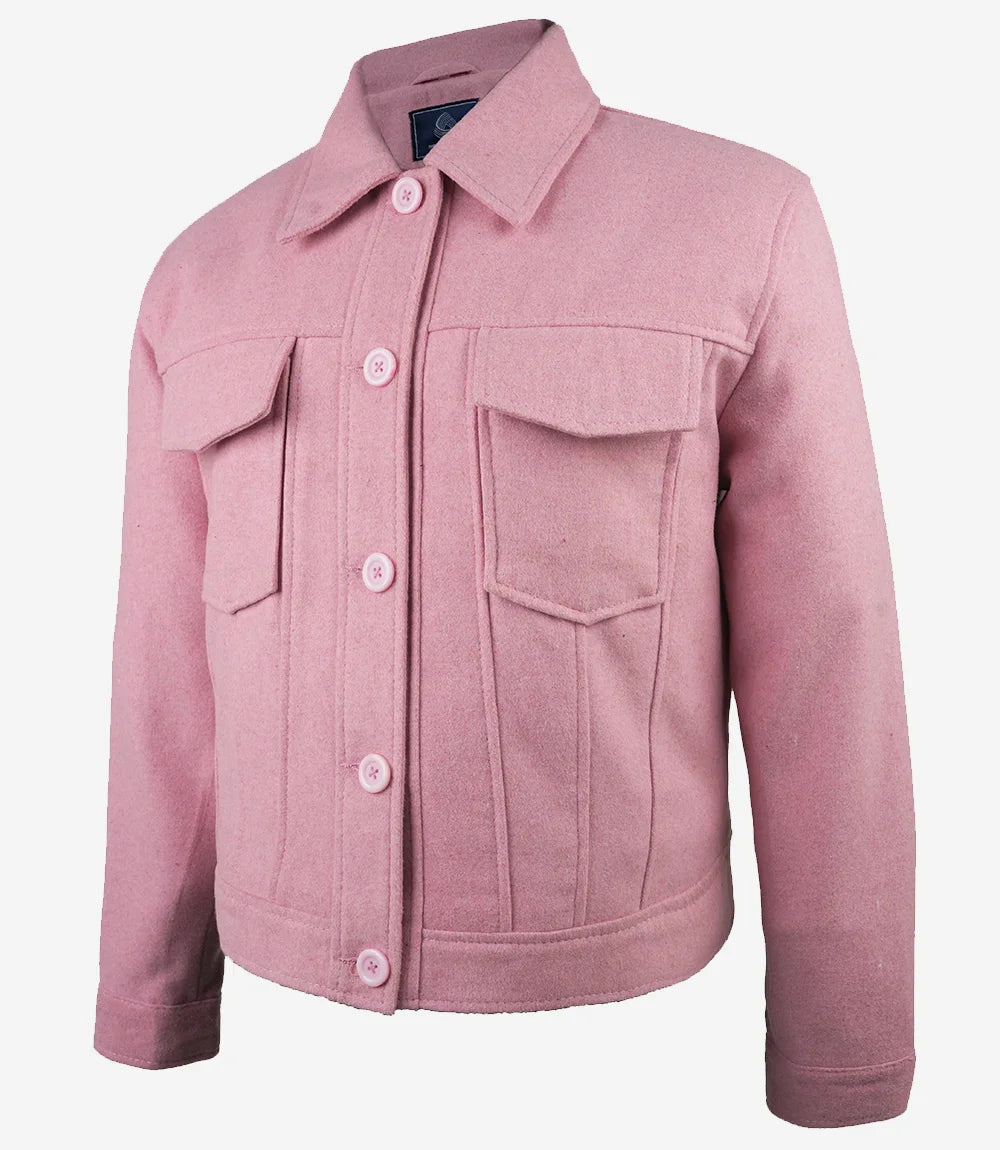 Women’s Classic Pink Wool Button-Up Jacket - Trucker Style