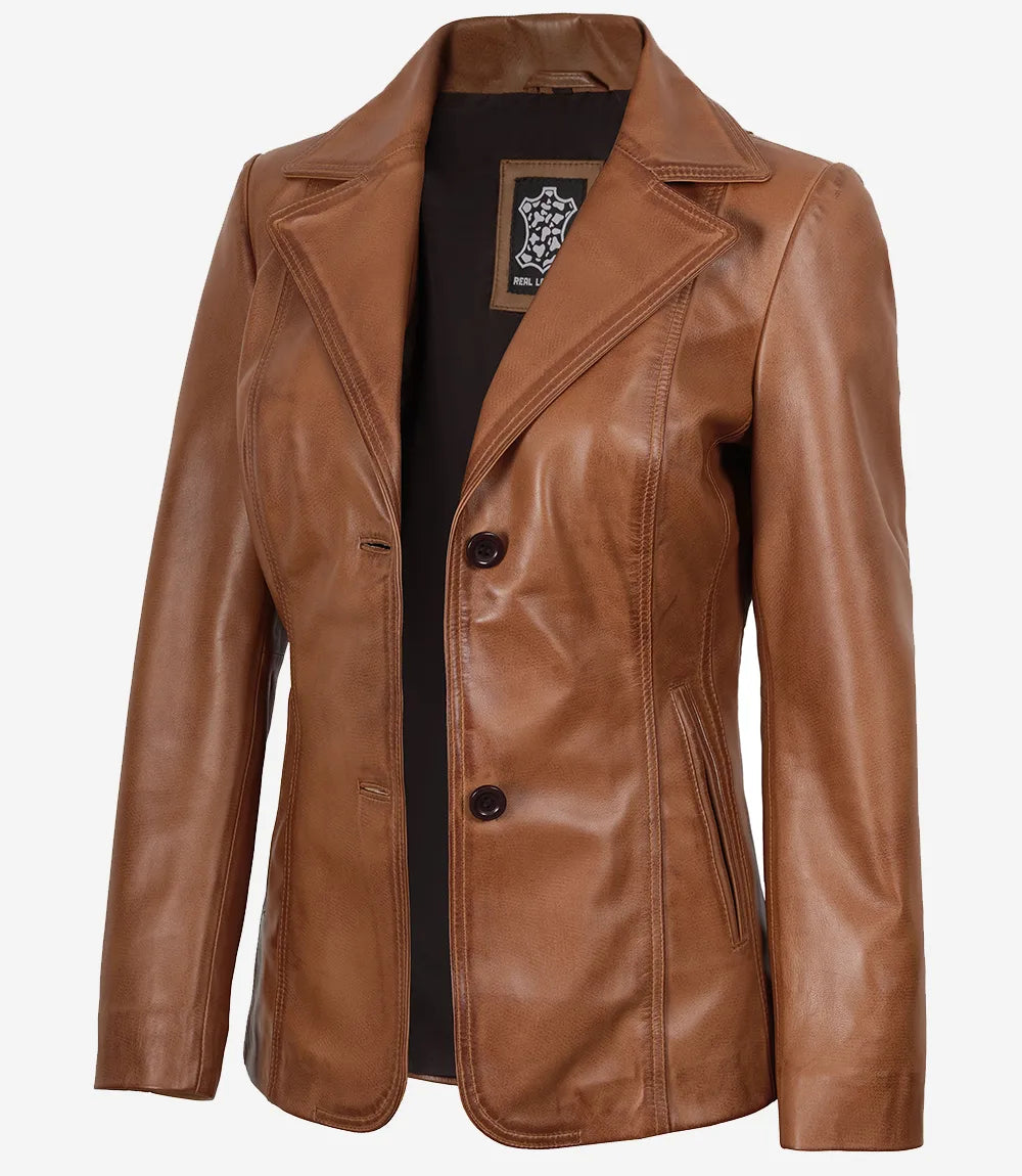 Womens Two Button Tan Brown Leather Blazer