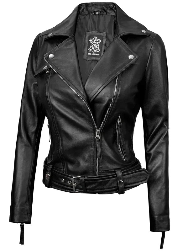 Angela Womens Black Asymmetrical Belted Leather Jacket