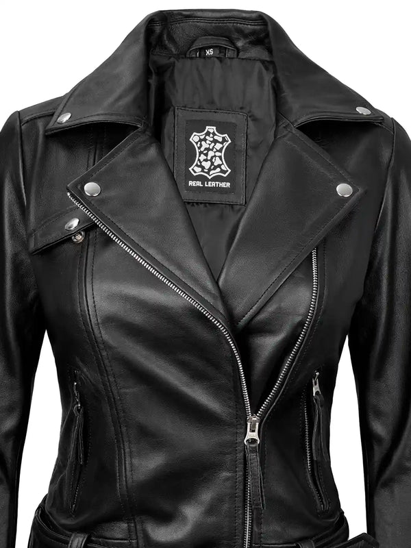 Angela Womens Black Asymmetrical Belted Leather Jacket
