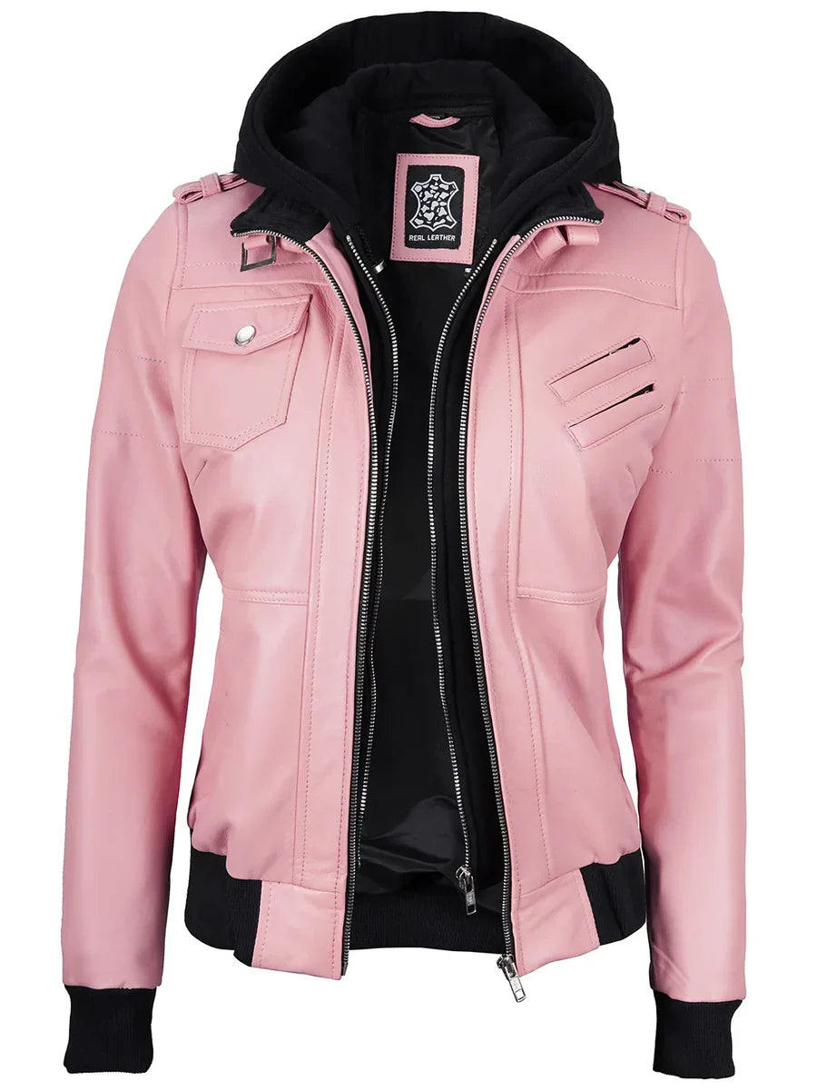 Women's Pink Leather Jacket with Removable Hood
