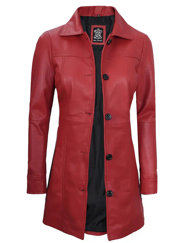 Kandis Women’s Premium Red Real Leather Car Coat