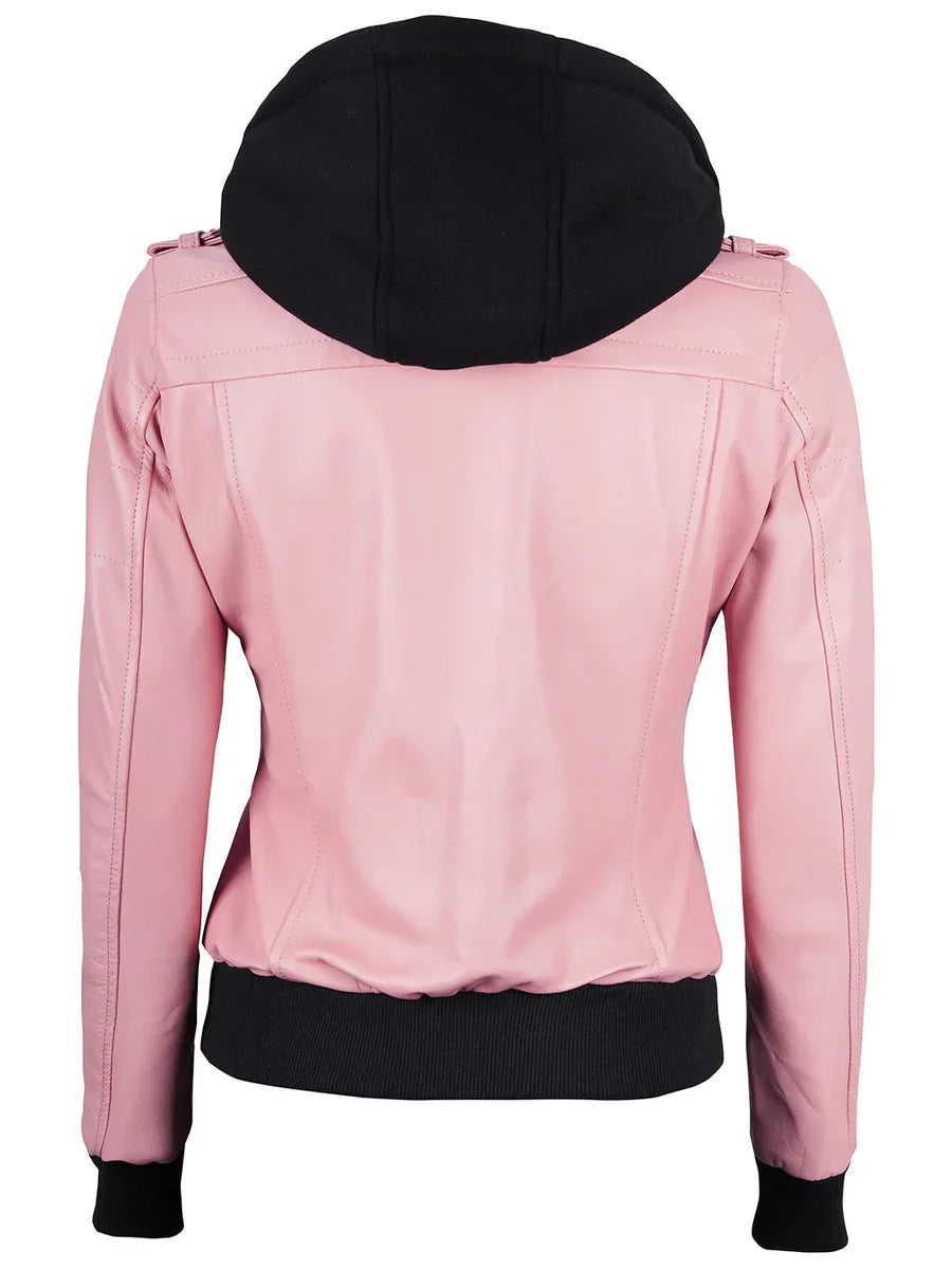 Women's Pink Leather Jacket with Removable Hood