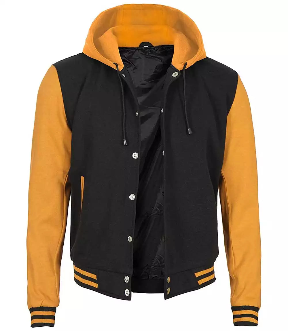 Mens Yellow Black Varsity Jacket with Hood