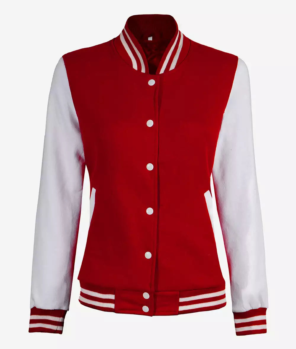 Women’s Red Letterman – White Sleeve Varsity Bomber