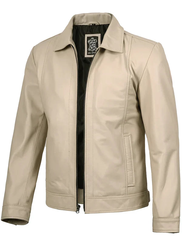 Men's Beige Real Leather Harrington Jacket