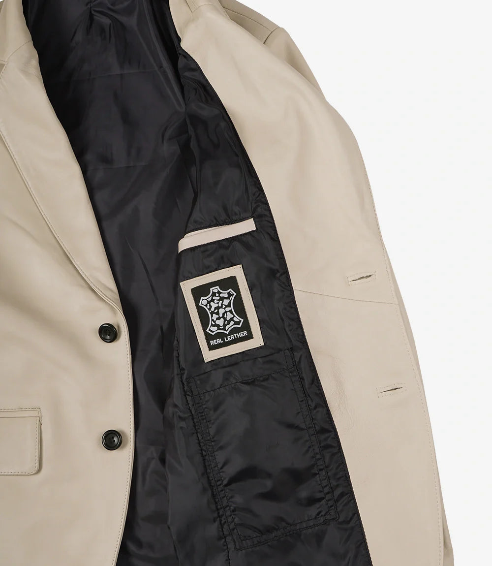 Mens Two Button Beige Leather Blazer - Notch Lapel