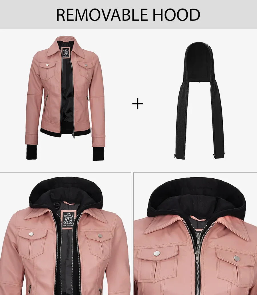 Tralee Women's Pink Leather Biker Style Jacket with Hood