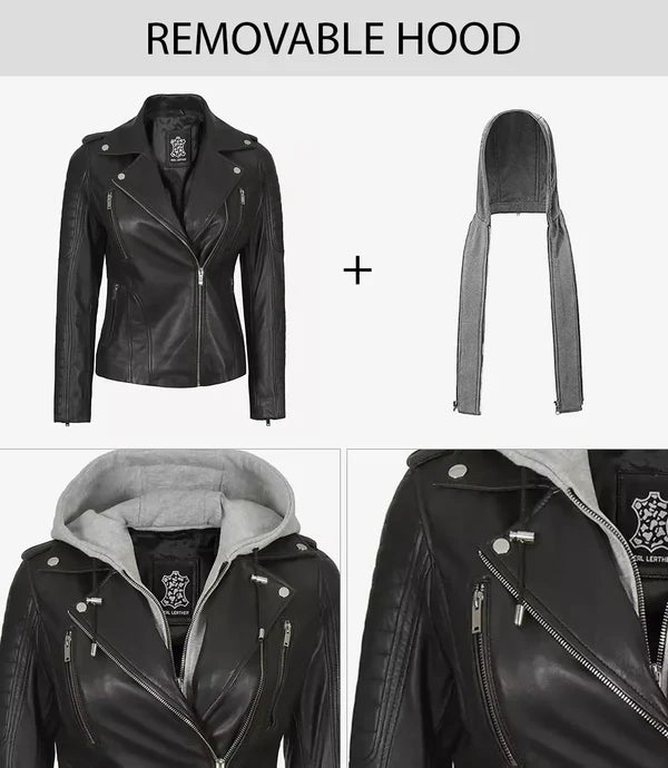 Womens Black Leather Biker Style Jacket With Removable Hood