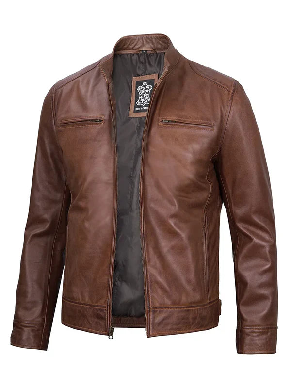 Dodge Men's Cognac Cafe Racer Leather Jacket