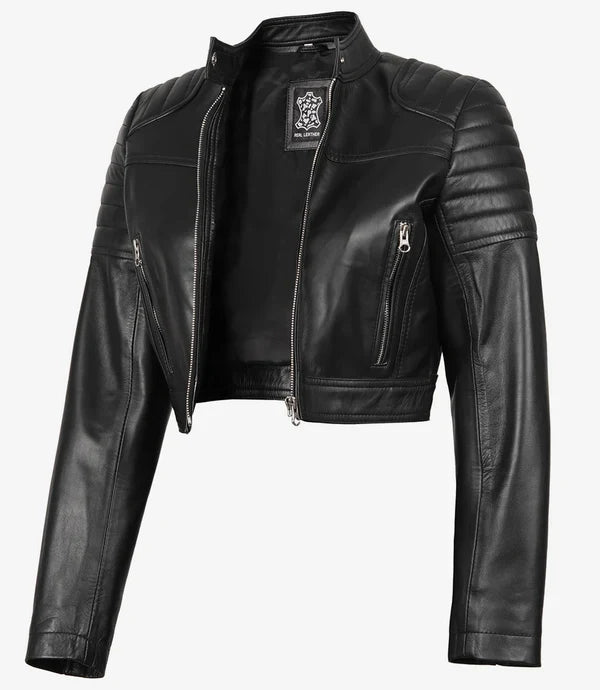 Women's Black Cropped Leather Biker Style Jacket