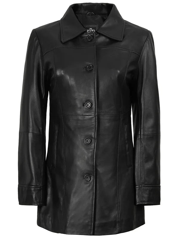 Kandis Womens Black 3/4 Length Leather Car Coat