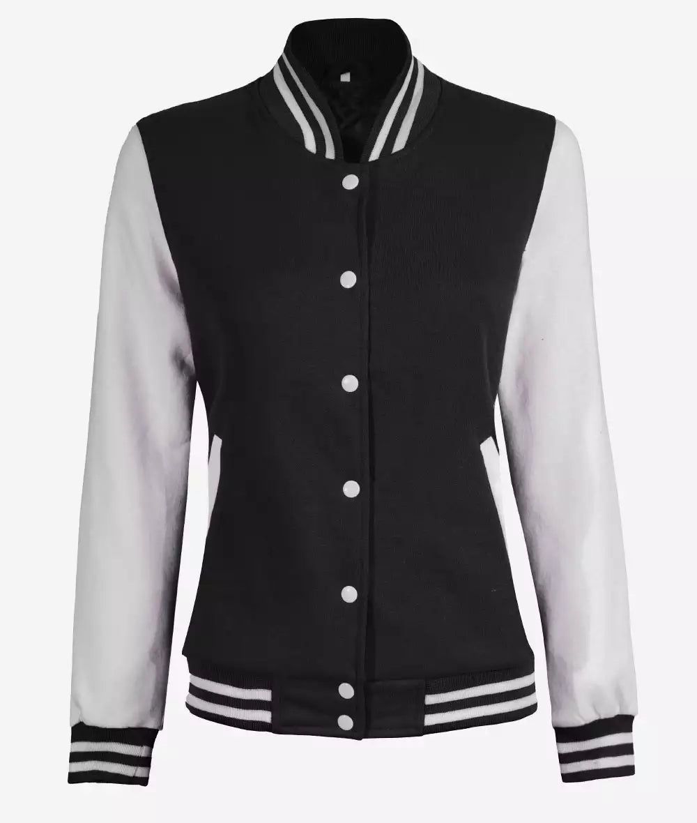 Women’s White and Black Varsity Jacket – Baseball Style Bomber