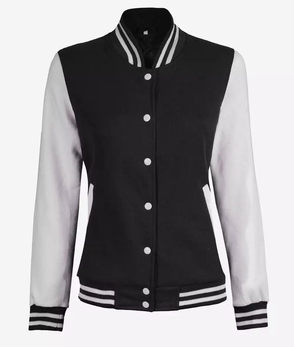 Women’s White and Black Varsity Jacket – Baseball Style Bomber