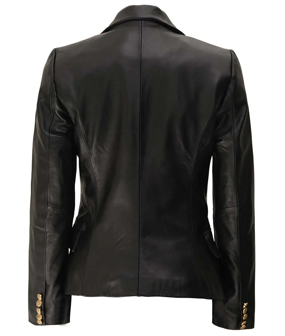 Kim Women's Double Breasted Black Leather Blazer