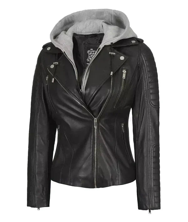 Womens Black Leather Biker Style Jacket With Removable Hood