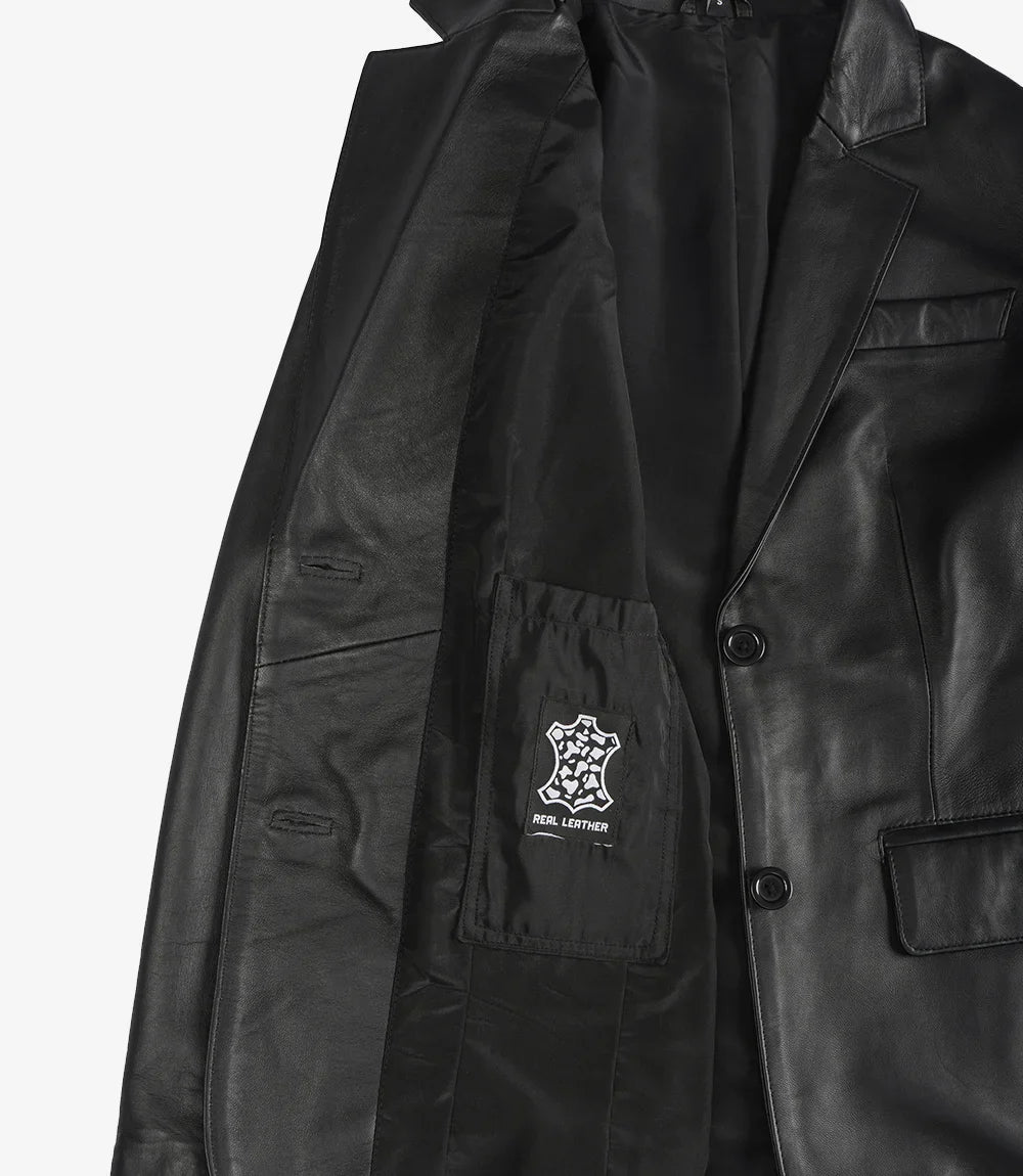 Womens Notch Lapel Black Leather Blazer Jacket