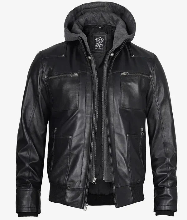 Mens Black Bomber Leather Jacket with Removable Hood