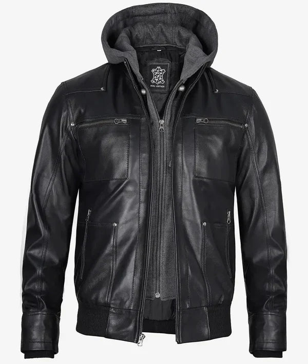 Mens Black Bomber Leather Jacket with Removable Hood
