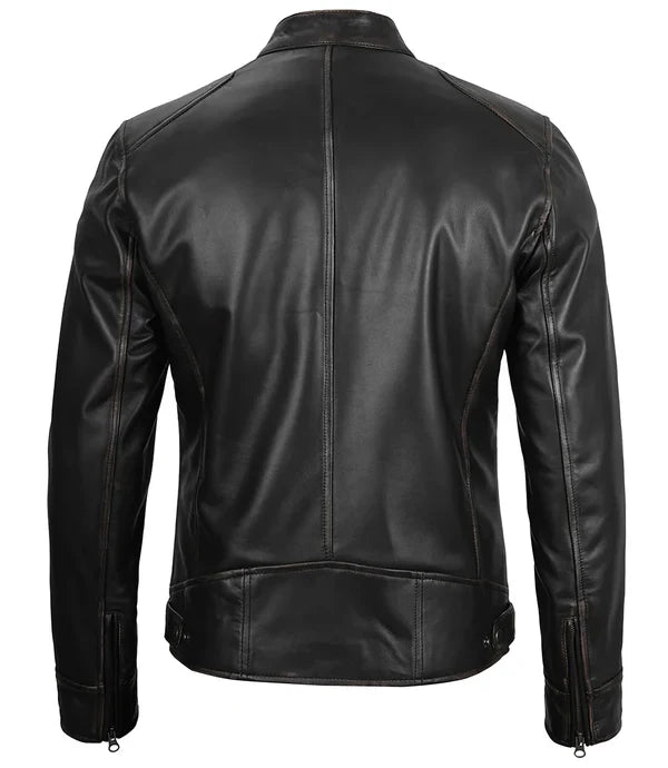 Men's Black Cafe Racer Leather Genuine Leather Jacket
