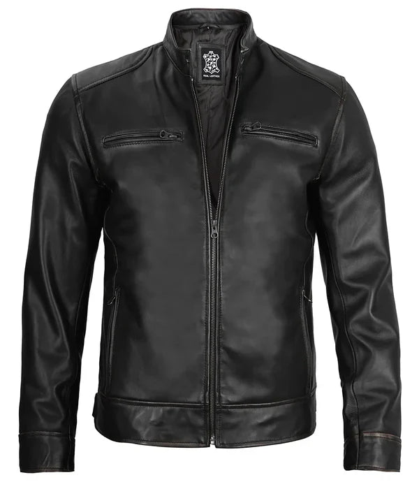Men's Black Cafe Racer Leather Genuine Leather Jacket