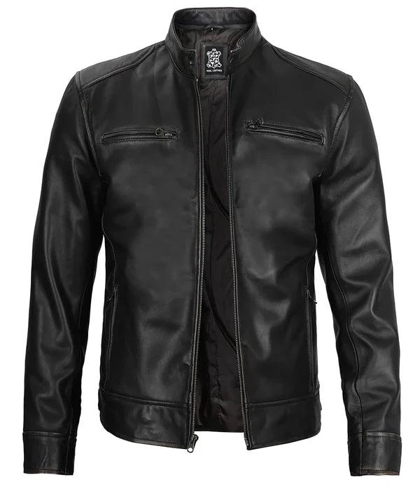 Men's Black Cafe Racer Leather Genuine Leather Jacket