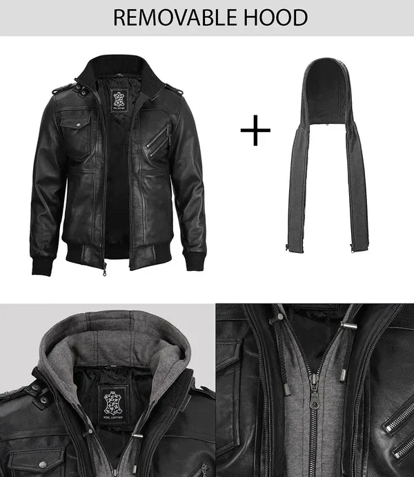Men's Black Bomber Leather Jacket with Removable Hood