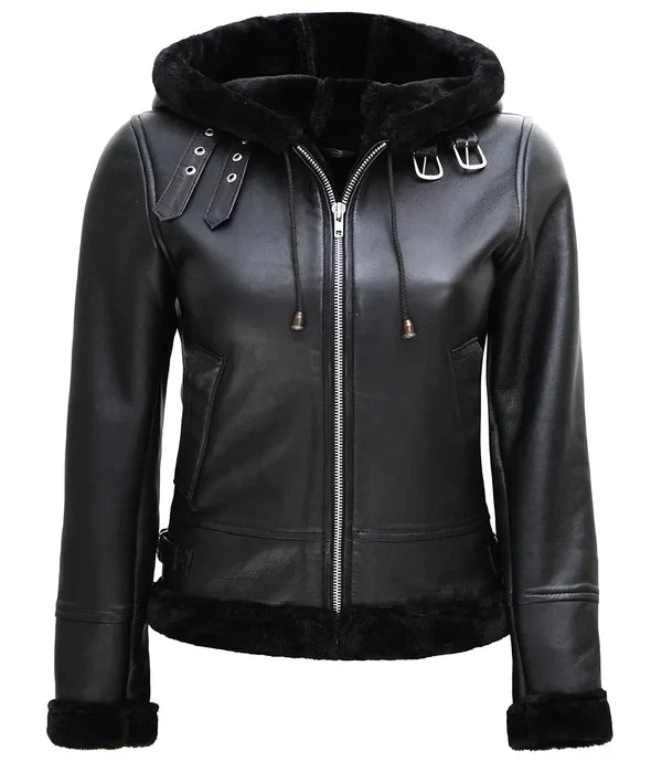 Womens Black Leather Hooded Shearling Jacket