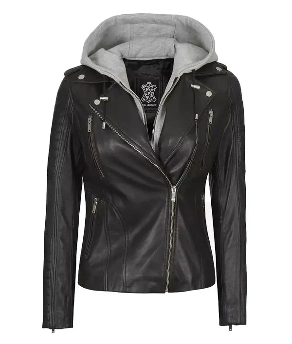 Womens Black Leather Biker Style Jacket With Removable Hood