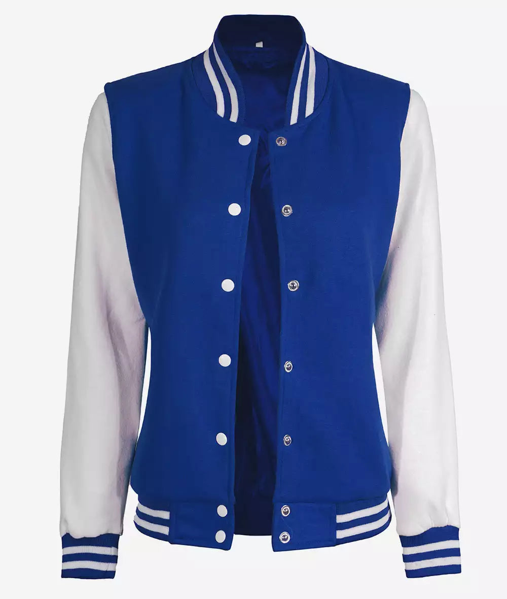 Women’s White and Royal Blue Varsity Jacket – Bomber