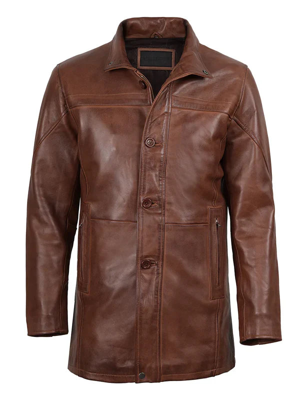 Bristol Men's Vintage Cognac Brown Leather Car Coat