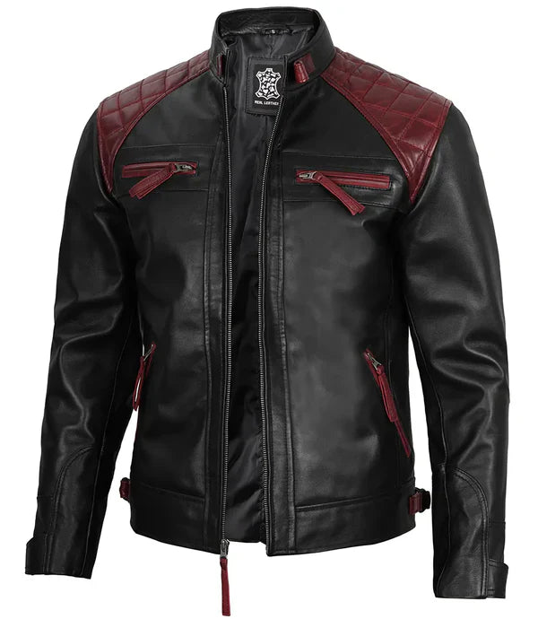 Rollins Men's Black and Burgundy Quilted Biker Style Jacket
