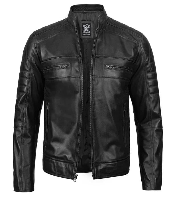 Austin Mens Black Cafe Racer Real Leather Jacket