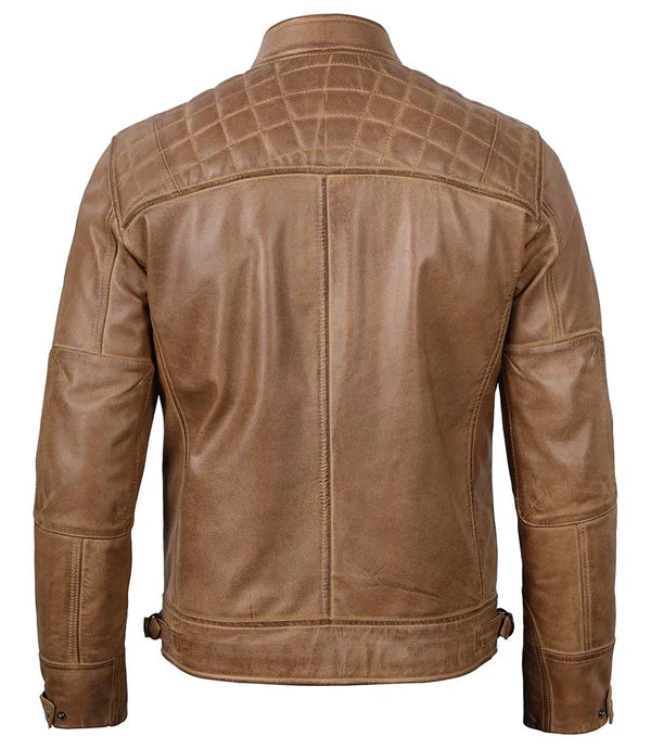 Men's Waxed Camel Brown Cafe Racer Leather Jacket