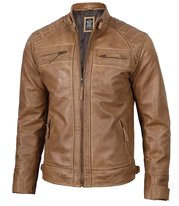 Men's Waxed Camel Brown Cafe Racer Leather Jacket