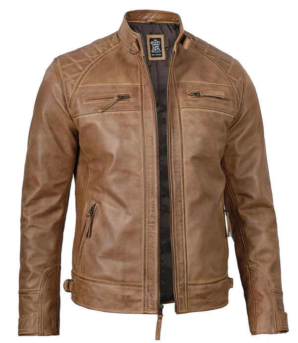 Men's Waxed Camel Brown Cafe Racer Leather Jacket