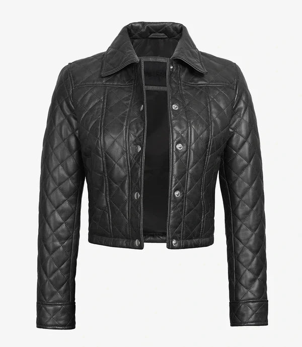 Womens Quilted Black Cropped Real Leather Jacket