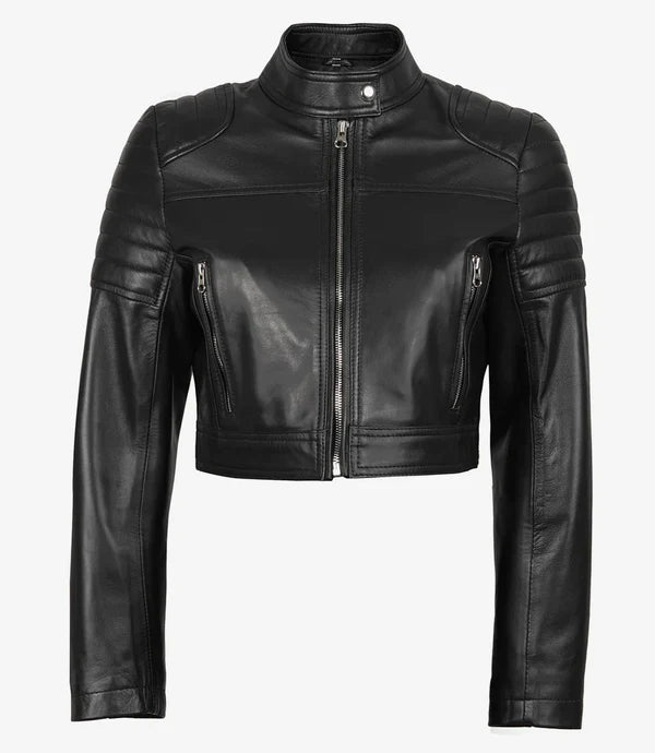 Women's Black Cropped Leather Biker Style Jacket