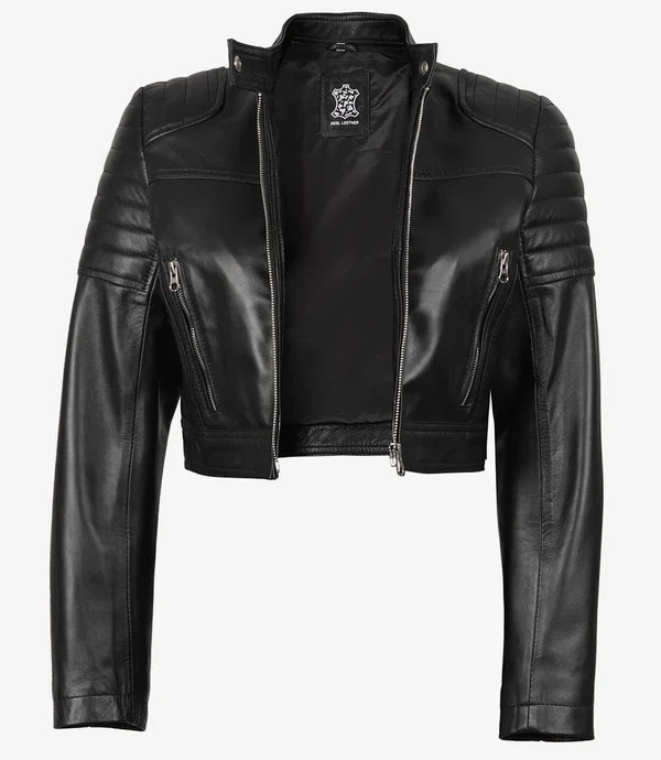 Women's Black Cropped Leather Biker Style Jacket