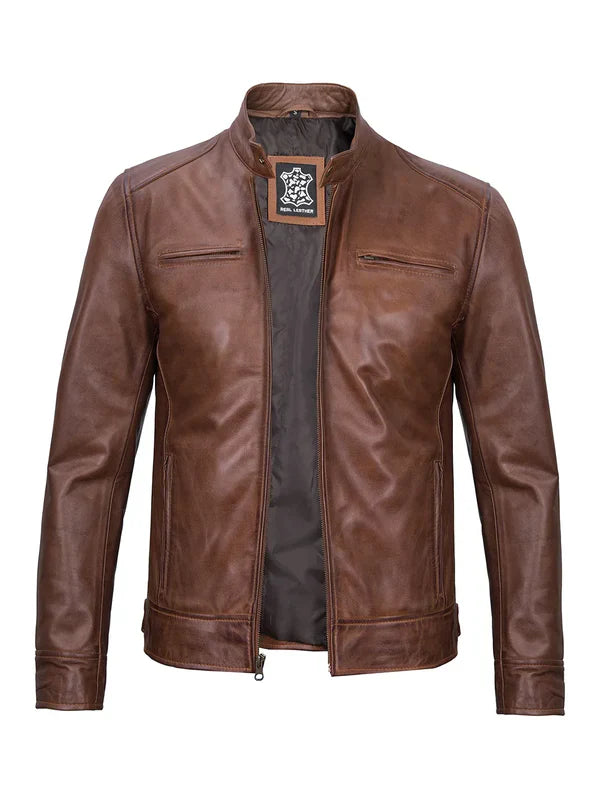 Dodge Men's Cognac Cafe Racer Leather Jacket