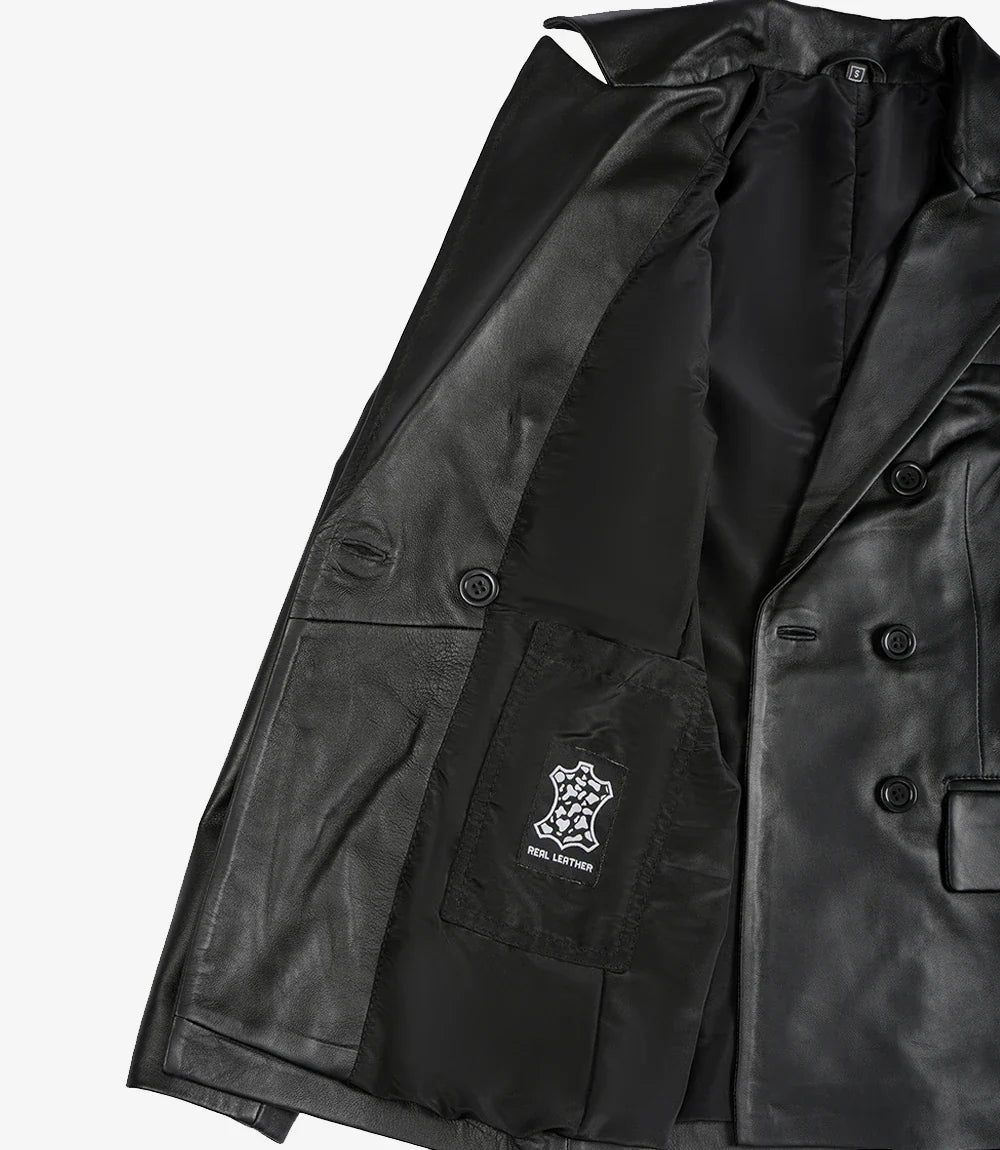 Notch Lapel Collar Double Breasted Black Leather Coat Women