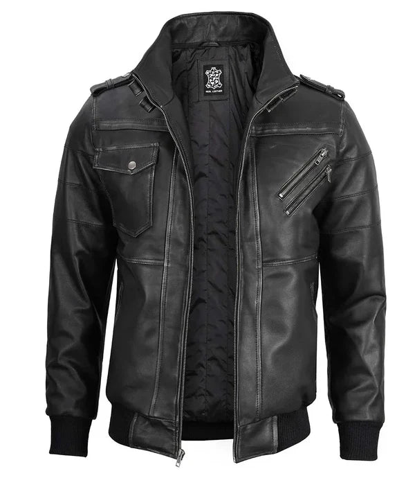 Men's Bomber Dark Grey Leather Jacket with Removable Hood