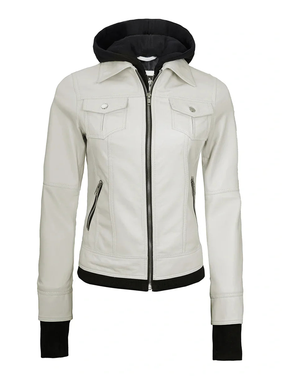 Womens Off White Biker Style Leather Jacket with Hood