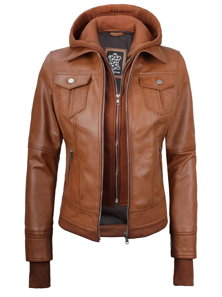 Tralee Womens  Bomber Leather Jacket With Removable Hood
