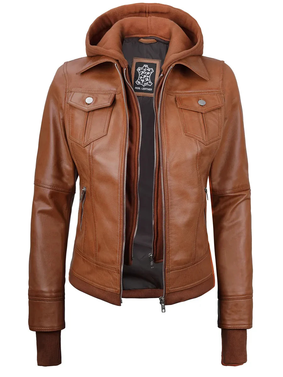 Tralee Womens  Bomber Leather Jacket With Removable Hood