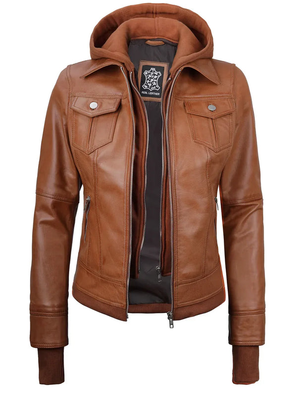 Tralee Womens  Bomber Leather Jacket With Removable Hood