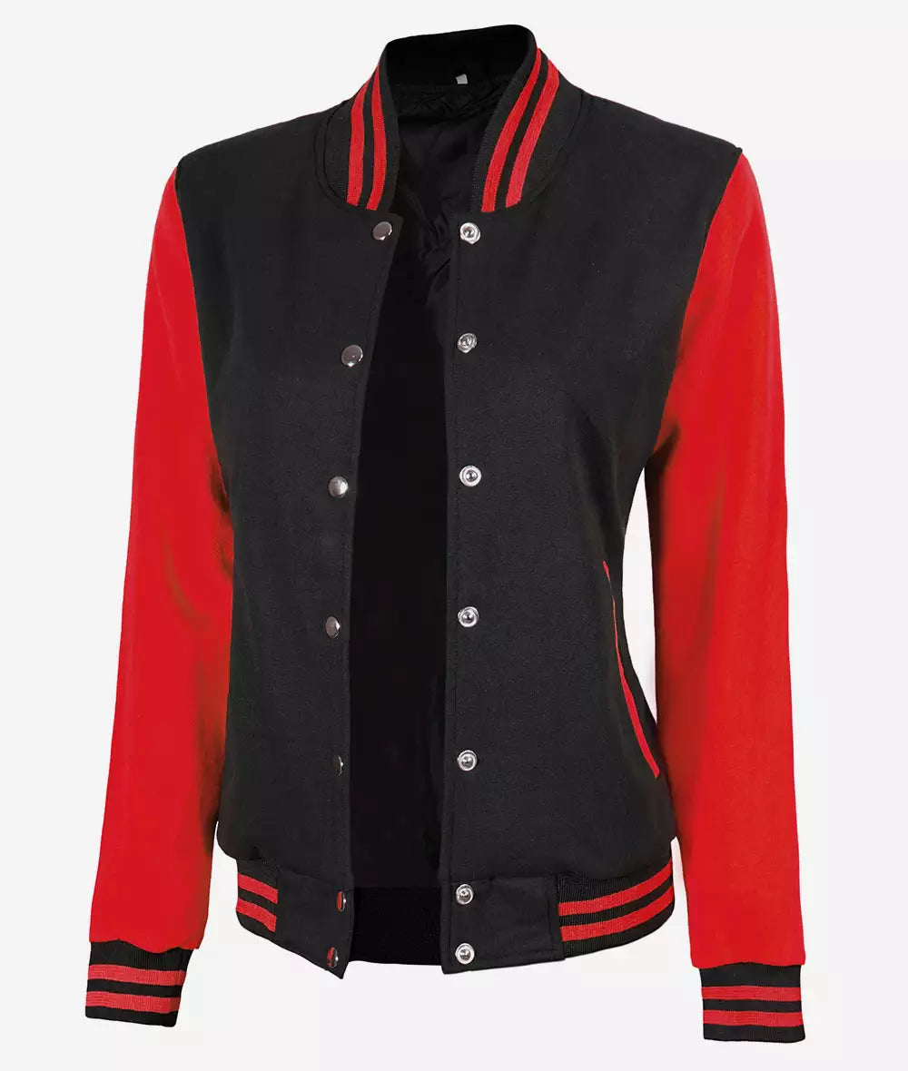 Women's Black and Red Varsity Jacket - Baseball Style