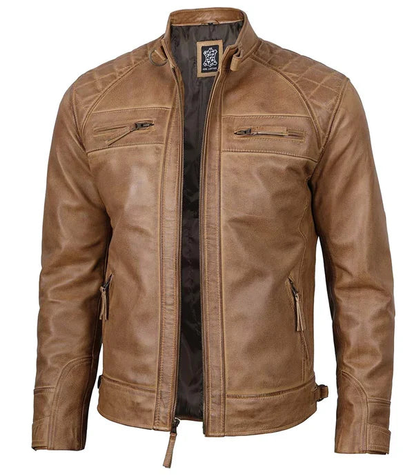 Men's Waxed Camel Brown Cafe Racer Leather Jacket
