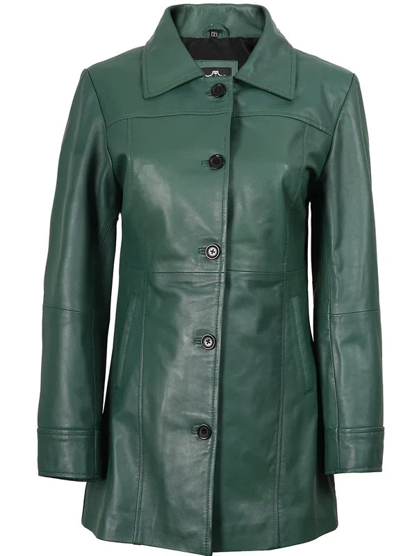 Kandis Women’s Premium Green Real Leather Car Coat